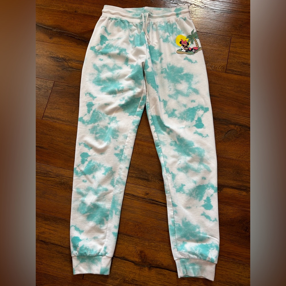 Disney Junior Large White Teal Tie Dye Joggers Sweatpants Minnie Mouse Pants